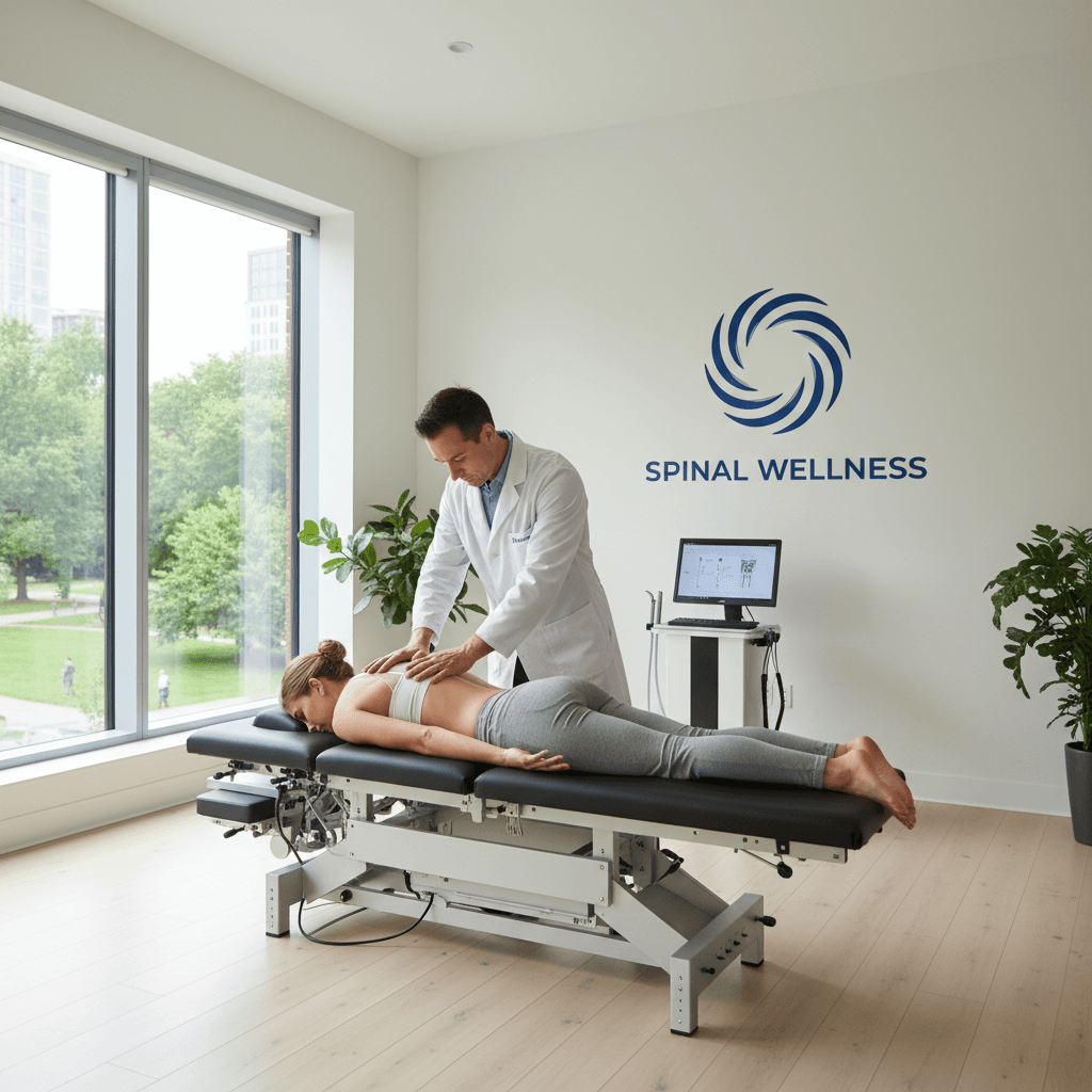 Chiropractor gently adjusting a patient's neck in a clean, bright clinic